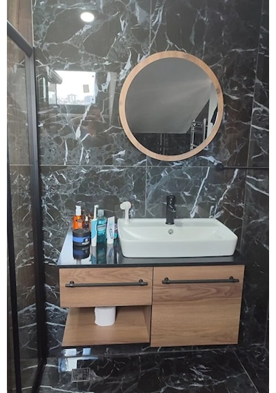 Dekoratik Yuvarlak Ayna 45 Cm Çap Antre Hol Koridor Duvar Salon Mutfak Banyo Ofis Makyaj Aynası - Ceviz Ceviz