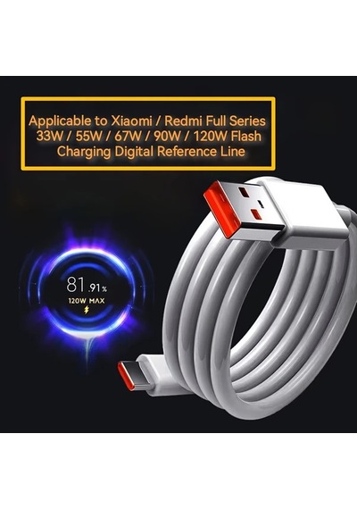 Sinuoshop Xiaomi Redmi Serisi İçin 120w Hızlı Şarj Kablosu Beyaz Yüksek Hızlı Veri Aktarım