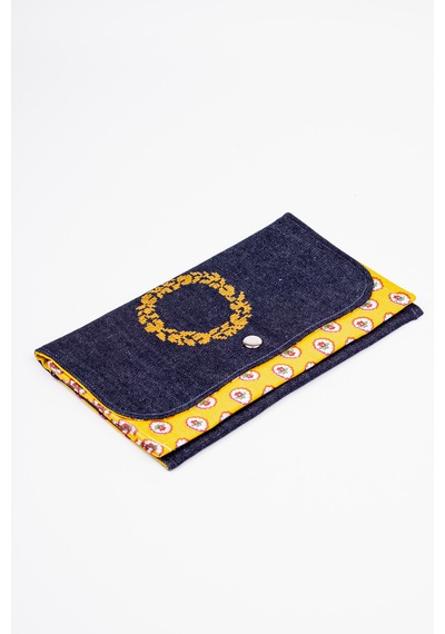 Fabric Craft Bag Kadın Kumaş Cüzdan Nakışlı Lacivert - Sarı