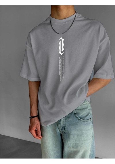 Dik Yazı Baskılı Oversize Tişört Gri