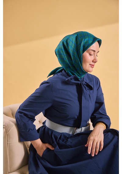 Silk Home Twill İpek Eşarp Ekose Yeşil Çok Renkli