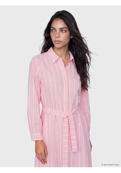 Lcw Modest Pembe Çizgili Kuşaklı Gömlek Elbise