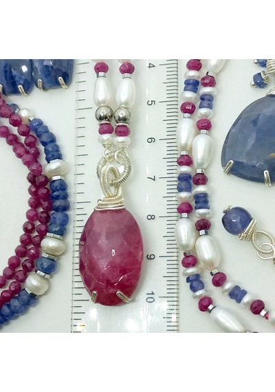 2779 Yakut Safir İnci Hematit Çelik Aparatlı El Yapımı Kolye Çok renkli