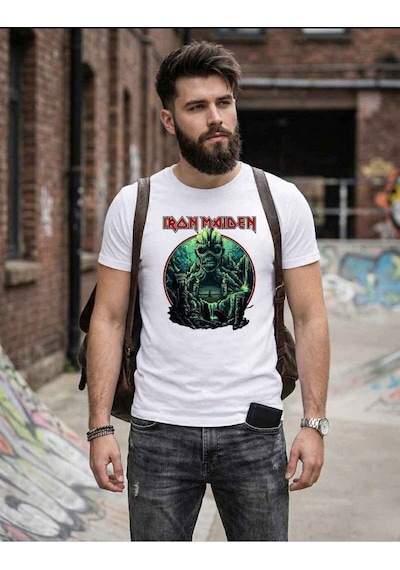 Erkek Iron Maiden Rock Metal Grubu Baskılı Pamuklu T-shirt Beyaz