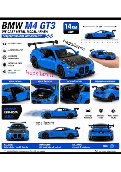 Oyuncak Spor Araba 14 Cm Metal Diecast Model Çek Bırak Açılır Kapı Bmw M4 Gt3 Competition Mavi