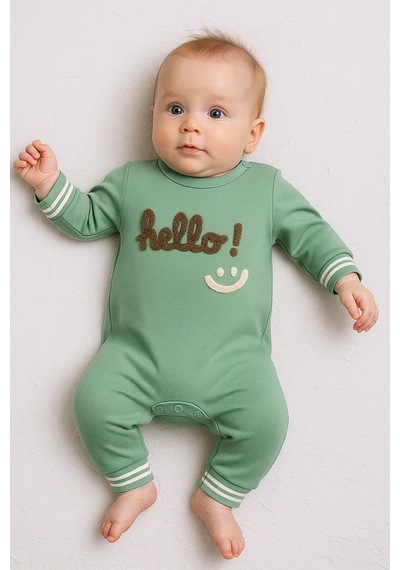 Pekminibebe Hello Nakışlı % 100 Pamuk Erkek Bebek Tulum Yeşil