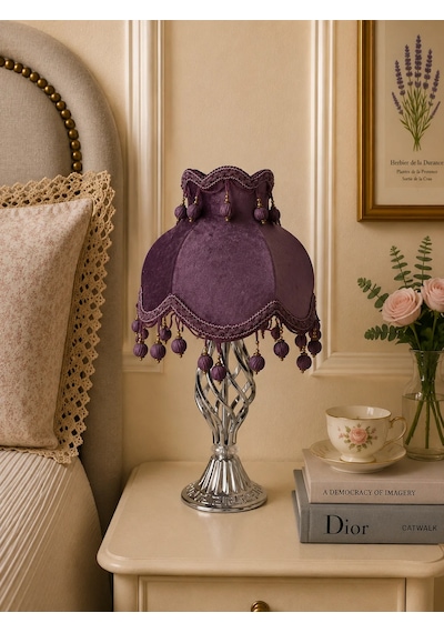 Mor Kadife Kaplı Ponpon Başlıklı Metal Ayaklı Klasik Vintage Abajur 55x25cm