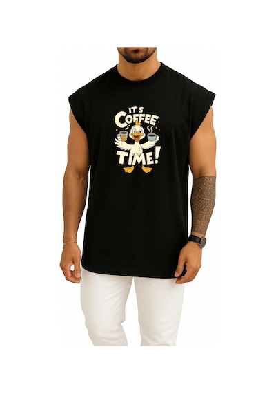 Bahriyeli Collection Oversize Kahve Zamanı - İt S Coffee Time Göğüs Baskılı Atlet Siyah