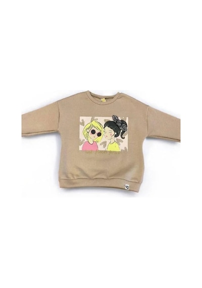 Kız Çocuk Kalın Kız Baskılı İçi Şardonlu Sweatshirt-14345 Bej