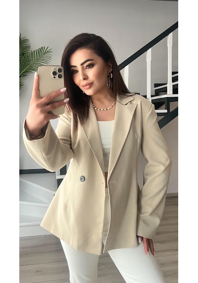 Bej Volanlı Bel Oturtmalı Blazer Ceket Bej