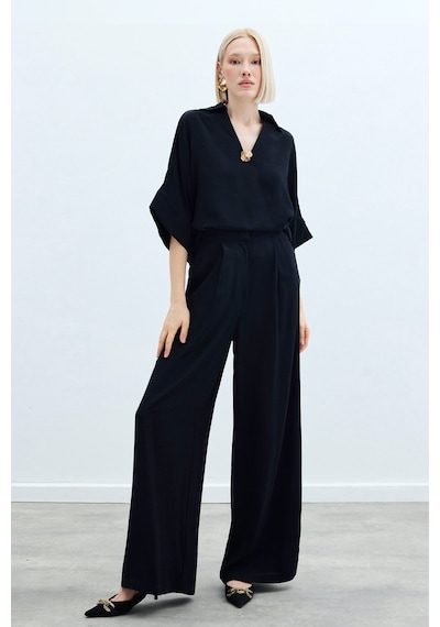 Sateen Keten Karışımlı Pantolon - Siyah-136274 Siyah