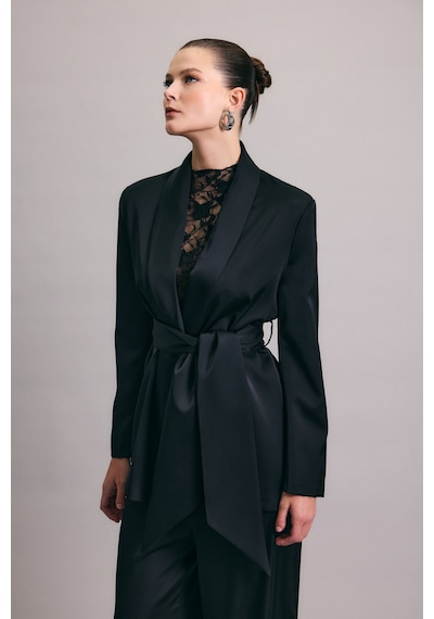 Sateen Kuşaklı Saten Ceket - Siyah-137006 Siyah