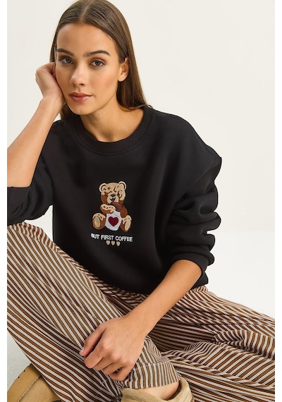 Shade Kadın Teddy Nakış Detaylı Üç İplik Şardonlu Sweatshirt 60601044 - Siyah
