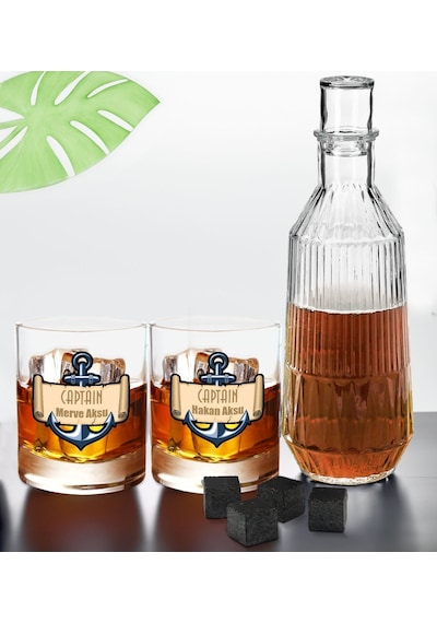 Bk Gift Kişiye Özel İsimli Dtf Kaptan Tasarımlı İkili Viski Kadehi, Viski Taşı Ve Karaf Seti-3, Arkadaşa Hediye, Sevgiliye Hediye Kobitmeyencom30452 B