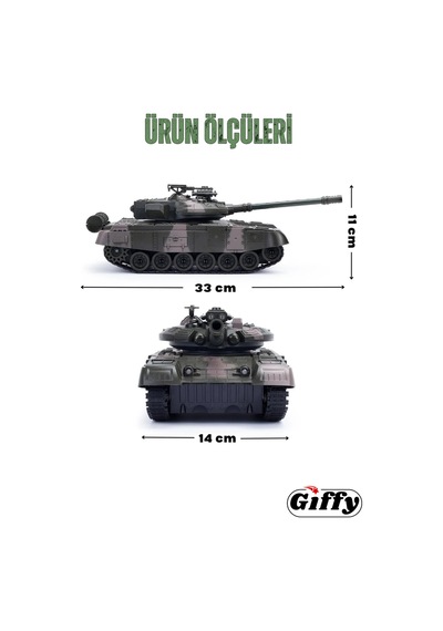 Oyuncak Şarjlı Uzaktan Kumandalı Rc Tank 33 Cm 360 Döner Gövde Işıklı Sesli Atış Efektli Yeşil