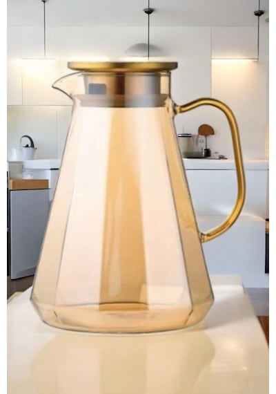 Morponi Borosilikat Cam Metal Kapaklı Lüks Elmas Sürahi 1900 Ml Gold