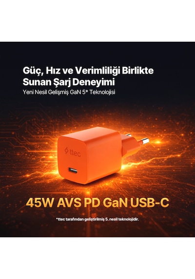 Ttec Smartcharger Gan 45W Avs PD Seyahat Hızlı Şarj Aleti + USB-C - USB-C 3A 120 CM Kablo Neon Turuncu