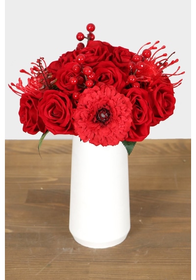 Yapay Çiçek Deposu Beyaz Lüks Vazoda Kadife Gül Gerbera Tanzimi 30 Cm