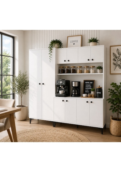 Alvion 190 Cm 2 Kapaklı Kahve Köşesi Çok Amaçlı Dolap Kiler Mutfak Dolabı Beyaz