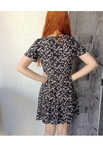 V Yaka Çıtır Desenli Mini Elbise Kt0183-200 Siyah