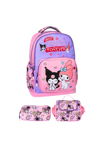 3 Lü İlkokul Kuromi Melody Baskılı Pembe, Kız Çocuk Beslenmeli Ve Kalemlikli Okul Çantası Pembe