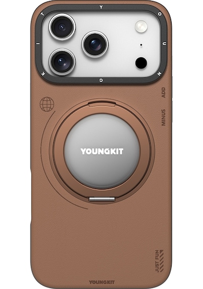 Apple Uyumlu iPhone 17 Pro Kılıf M-safe 360 Standlı Basit Mat Deri Desenli Youngkit Tech Leather Seri Kahverengi Kahverengi