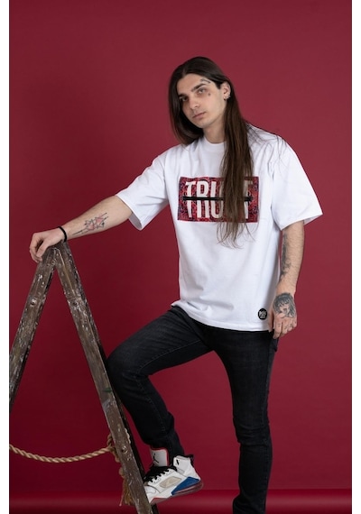 Oversize Bisiklet Yaka Baskılı Erkek Penye T-Shirt
