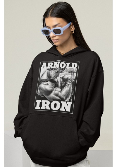 Sevbano Arnold Iron Old School Bodybuilding Fitness Baskılı Unisex Oversi Siyah