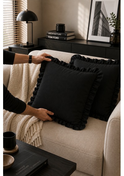 2 Li Siyah Fırfırlı Dekoratif Kırlent Kılıfı %100 Pamuk 45x45 Cm