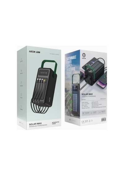 Green Lion Solar Max 80000mah Güneş Panelli Powerbank Siyah Taşınabilir Şarj Cihazları
