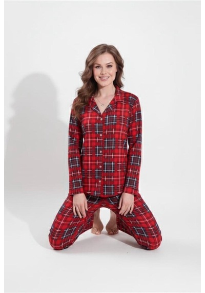 Ekose Desenli Düğmeli Uzun Kollu Kadın Pijama Takımı Yeşil