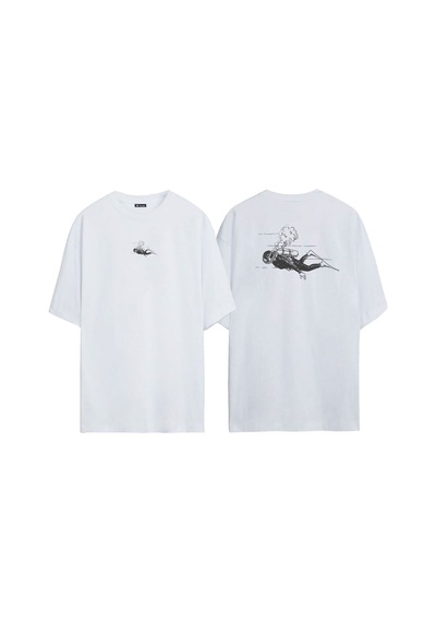 Thewert Unisex Scuba Dalış Çizimi Ön Arka Baskılı Beyaz Oversize T-shirt