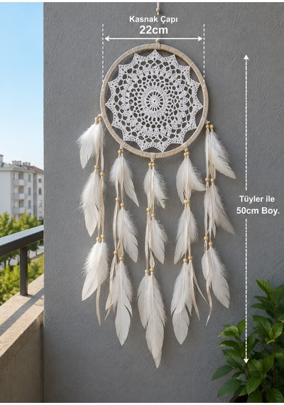 Beyaz Örgü Desenli Tüylü Düş Kapanı 22 Cm Kasnaklı 50 Cm Bohem Duvar Süsü