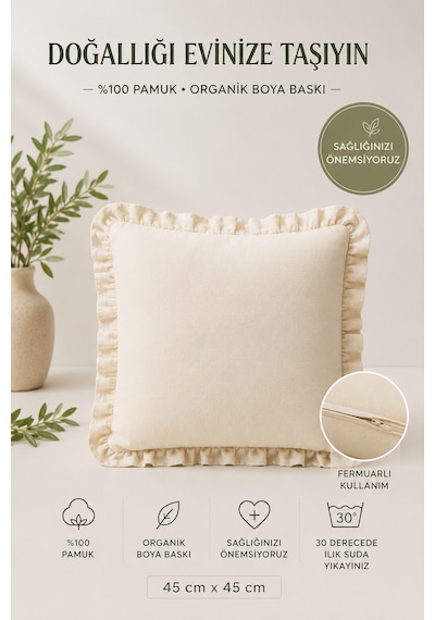 4'lü Fırfırlı Düz Krem Dekoratif Kırlent Kılıfı %100 Pamuk Fermuarlı 45x45 Cm Şeffaf