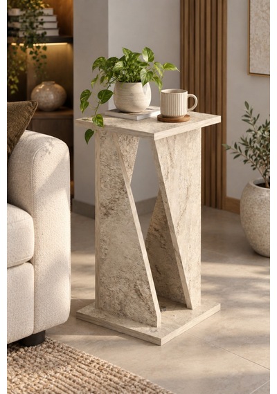 Sulorahome Modern Mermer Desenli Yan Sehpa 30x30x60 Cm