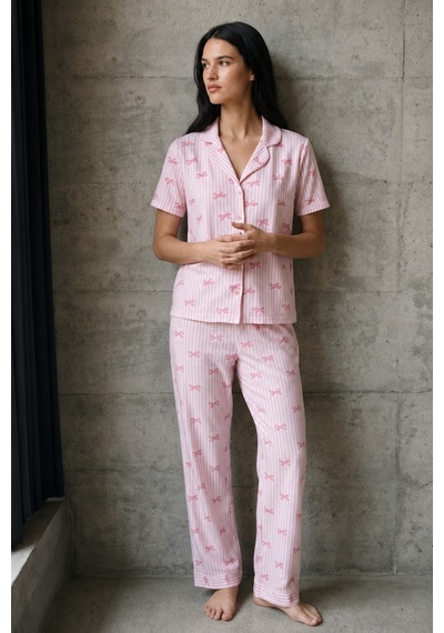 V Yaka Düğmeli Casual Pembe Pijama Takımı