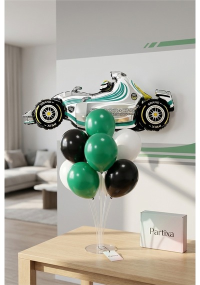 Yarış Arabası Yeşil Balon Stand Seti Şeffaf 7 Li Stand + Yarış Arabası Yeşil Folyo Balon 52 110 Cm + 7 Lateks Balon