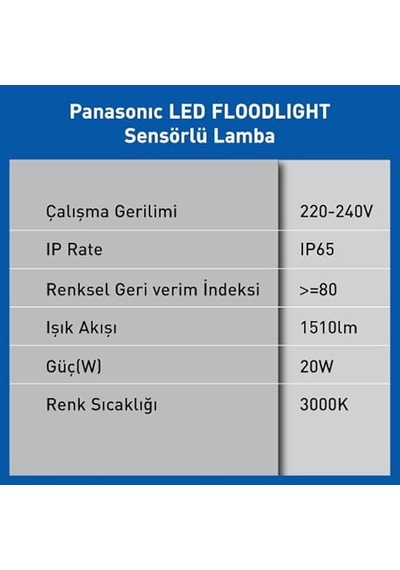 Panasonic Led Sensörlü Projektör, Sicak Beyaz Işik 20w 1510lm 300 Diğer
