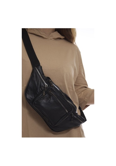 Nahitatyana Unisex Siyah Çok Cepli Hakiki Deri Freebag Bel Çan... Siyah