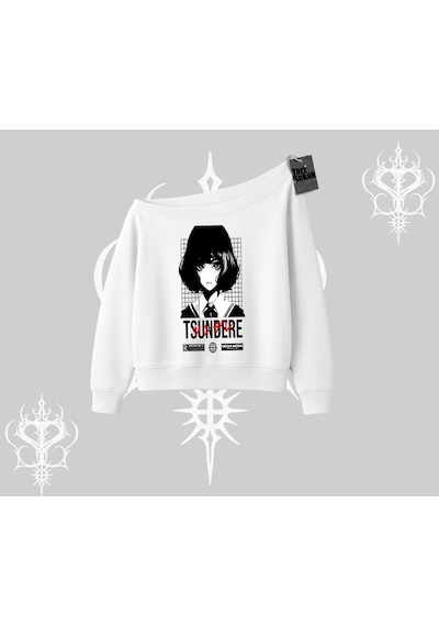 Startmore Kayık Yaka Sweatshirt Tsundere Anime Japanese Style Baskılı Beyaz