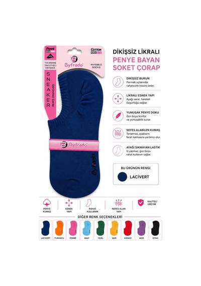 Uğur İnci Dikişsiz Likralı Penye Bayan Soket Çorap Renkli Seri Esnek, Yumuşak Dokulu, Günlük Kullanım Sneaker Çorabı 6 Lacivert
