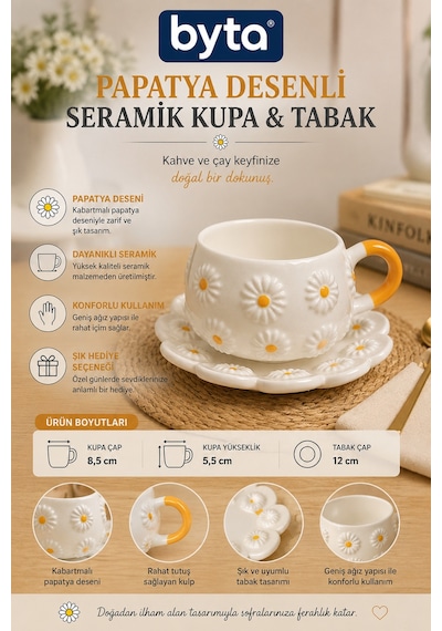 Papatya Desenli Seramik Tabaklı Kupa Bardak Kabartmalı El Yapımı Görünümlü Kahve Ve Çay Fincanı Seti Beyaz