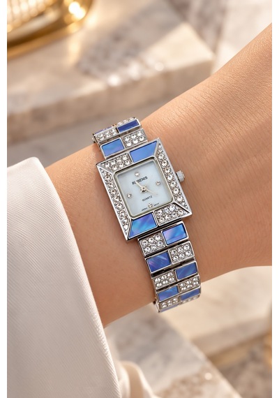 Rubenis Swiss Kadın Kol Saati 22x18 Mm Kristal Taşlı Çelik Kasa Ve Bilezik Mavi Sedef Detaylı Gümüş