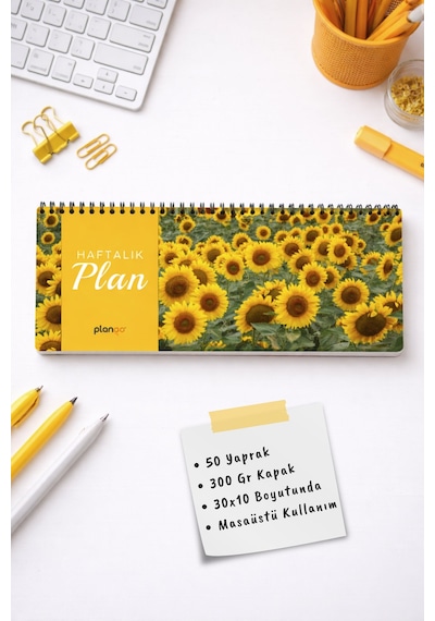 Tarihsiz Spiralli Haftalık Masaüstü Planlayıcı - Ayçiçeği - 10x30 Cm Plango Turkuaz