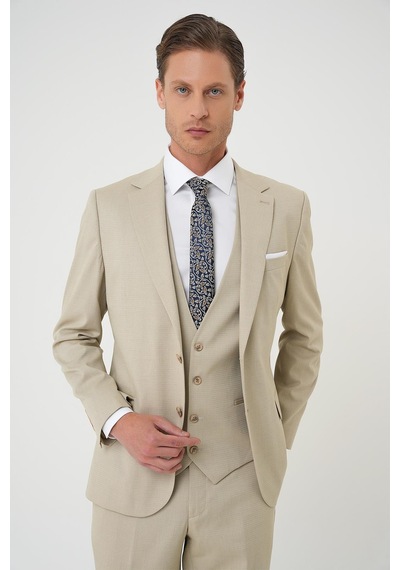 Efor Slim Fit Dokulu Çift Yırtmaç Yelekli Klasik Bej Takım Elbise Tk 898 Bej
