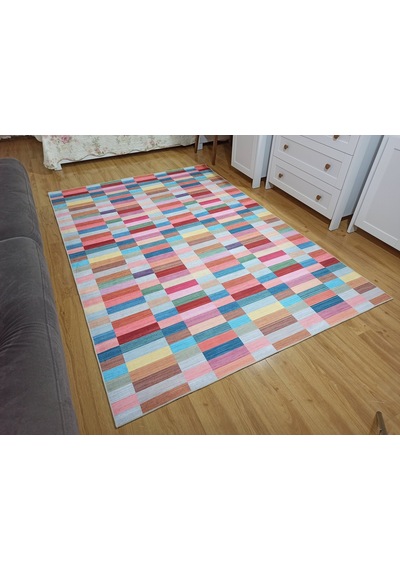 Modern Renkli Blok Desenli Geometrik Halı - 12439ou Pembe