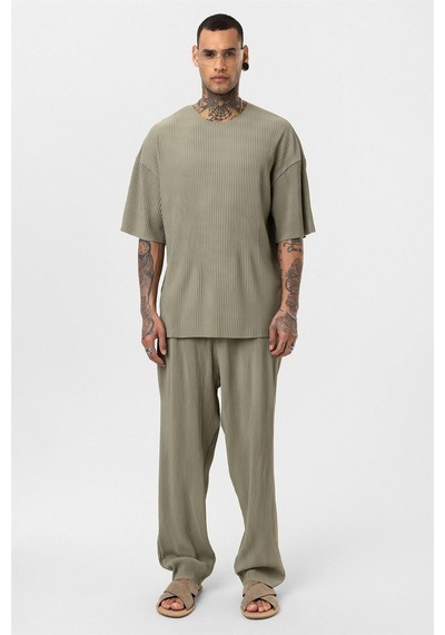 Basic Oversize Bisiklet Yaka Ottoman Takım Haki
