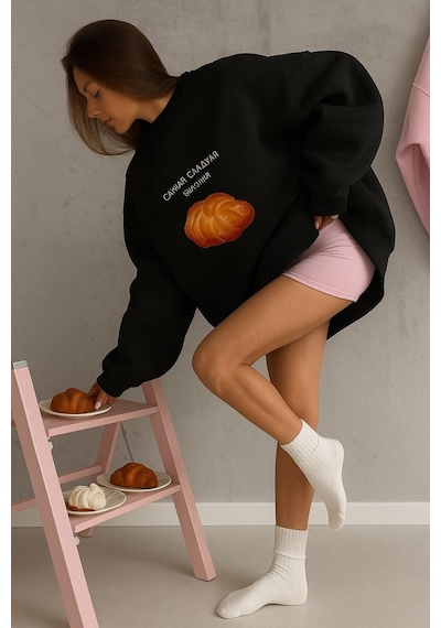 Benroma 3 İplik Penye Baskılı Unisex Sweatshırt SIYAH