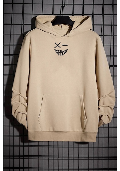 Uyguntarz Cartoon Graphic Thermal Lined Drawstring Sweatshirt Bej