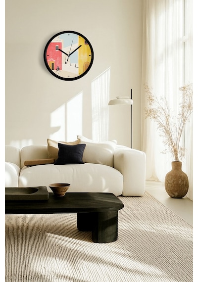 Retro Mimari Desenli Modern Duvar Saati - 25cm - Önü Camlı Siyah Kasa - Sessiz Mekanizma-jh0770 Siyah